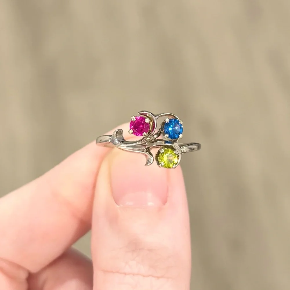 14K Rainbow Spinel red blue green gemstone cluster vintage white gold ring - Picture 6 of 12
